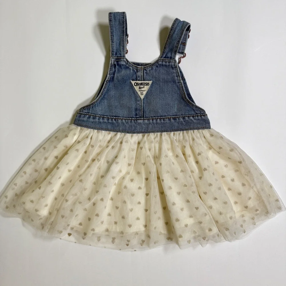 OshKosh B'gosh 24m denim tulle Overall Dress Baby Girls Glitter Hearts